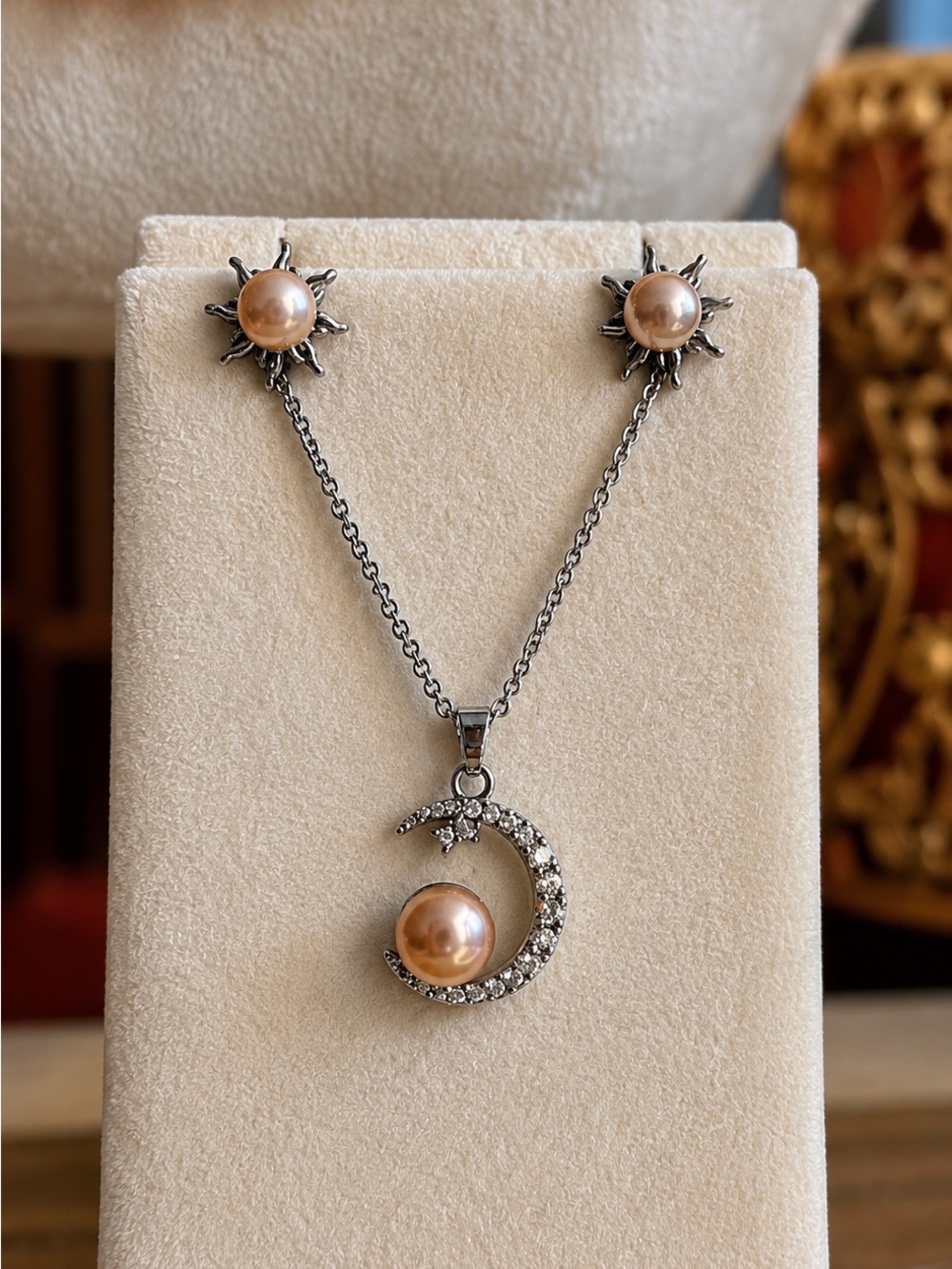 Silver Moon & Sun Pearl Necklace and Stud Earring Set with Metallic Pearls